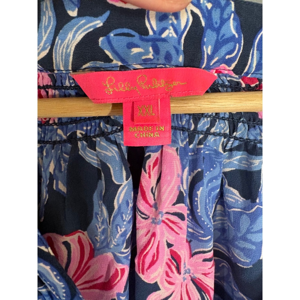 Lilly Pulitzer Elsa 100% Silk Blouse Top XXL Low Tide Navy Colorful Tropical - Picture 12 of 12